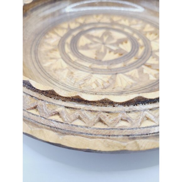 Wood Hand Carved Round Shallow Rim Centerpiece Dish Fruit Bowl Ashtray Vintage - Picture 4 of 9